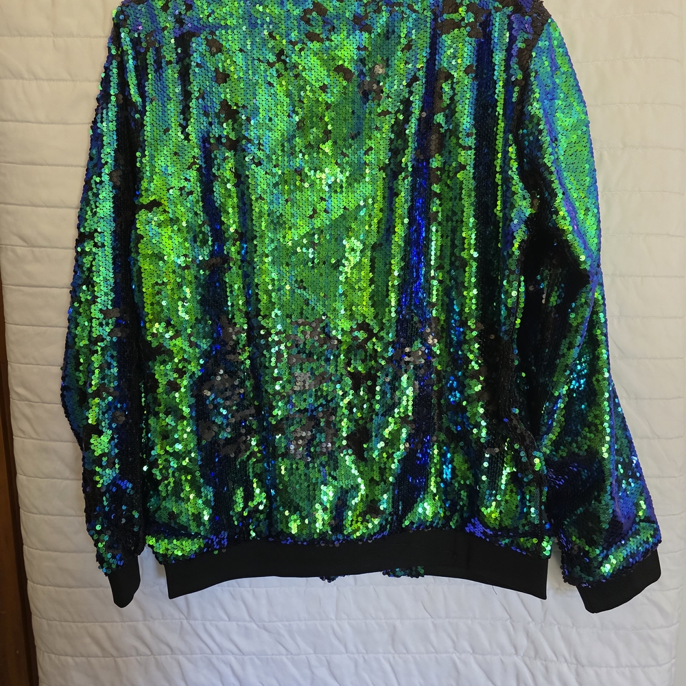 Iridescent Green and Blue Sequin Bomber Jacket - Picture 2 of 4